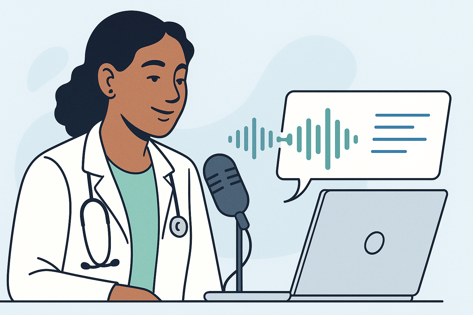 Doctor dictating into microphone connected to laptop showing text transcription